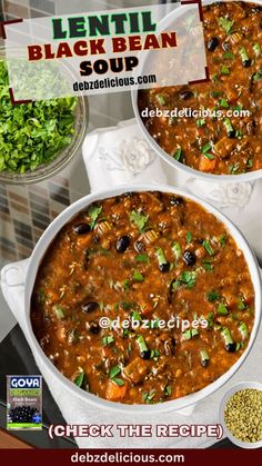 lentil and black bean soup recipe in a large white bowl on a counter top