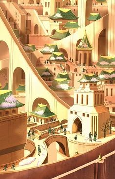 an animated city scene with lots of buildings and people