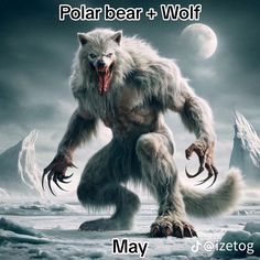 an image of a big furry animal in the middle of some icebergs with text that reads polar bear + wolf may