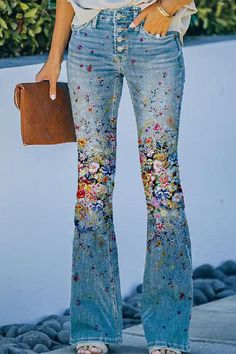 Details: Material: Polyester, Imitation Jean Style: Casual Pattern Type: Floral Element: Pocket Suit Type: Long Pants Fit Type: Regular Profile: Speaker Type: Positioning Print Size(in) Waist Hips Bottom Length S 26.8 37.4 37.8 M 28.7 39.4 38.2 L 30.7 41.3 38.6 XL 32.7 43.3 39 2XL 34.6 45.3 39.4 3XL 36.6 47.2 39.8 4XL 38.6 49.2 40.2 5XL 40.6 51.2 40.6 Tips:Due to the many variations in monitors, the color in the image could look slightly different, please take physical design and color shall ... Multicolor Denim Pants With Pockets, Mid-rise Denim Bottoms With Floral Print, Fall Multicolor Non-stretch Jeans, Denim Blue Jeans With Floral Print, Trendy Denim Jeans With Floral Print, Casual Medium Wash Floral Print Bottoms, Mid-rise Floral Print Jeans For Summer, Spring Floral Print Denim Jeans, Trendy Denim Bottoms With Floral Print