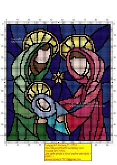 a cross stitch pattern with the image of mary and jesus in stained glass, on a white background