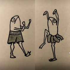 two drawings of an alien and a man standing next to each other