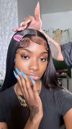 Middle Part With Dramatic Edges, Flat Twist On Wig, Hair Store Photoshoot Ideas, Side Part Wig With Edges, Dramatic Wig Edges, Middle Part Dramatic Edges, Middle Part Buss Down With Fluffy Edges, Lace Front Aesthetic, Wig Side Part Hairstyles