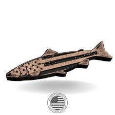 a wooden cut out of a fish with stars on it's tail and an american flag in the background