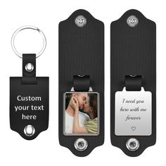 two bottle openers with a keychain attached to it and an image of a couple