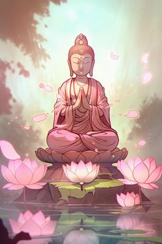 a buddha statue sitting on top of a body of water surrounded by pink flowers and leaves