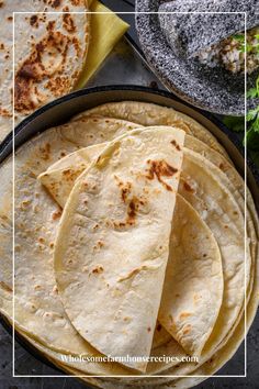 tortillas in a skillet with text overlay