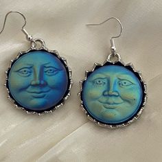 Glass Blue Moons That Change To Yellow/Green In The Light With Man’s Face On 925 Sterling Silver Wires. A-3 Stars Jewelry, Man In The Moon, In The Moon, Star Jewelry, Lucky Star, Moon Earrings, Blue Moon, Silver Wire, Blue And Silver