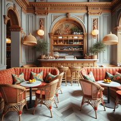 the interior of a restaurant with wicker chairs and orange couches in front of a bar