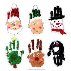 handprints made to look like santa claus, snowman, and other characters