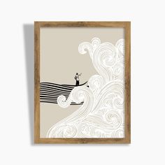 an art print with a man riding a wave in the ocean