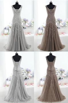 Luxurious Silver/Gray Mermaid Prom Dresses with Beaded Prom Dresses With Straps, Dresses With Straps, Customizable Wedding Dress, Sparkly Prom Dress, School Dance Dresses, Winter Formal Dresses, Wedding Elegant, Mothers Dresses, Dress Spaghetti