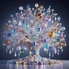 a tree made out of many different colored stones and jewels on a gray background with reflection