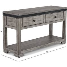 the gray wooden table has two drawers and one shelf on it, with measurements for each drawer