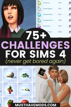 an image of some animated characters with text that reads, 75 challenges for sims 4 never get bored again