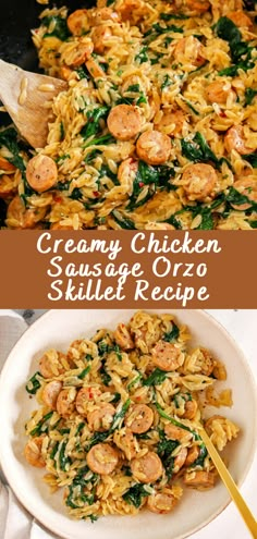 creamy chicken sausage and orzo skillet recipe with spinach in a white bowl