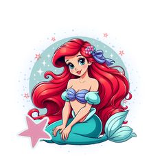 the little mermaid with long red hair sitting on top of a blue starfish and smiling