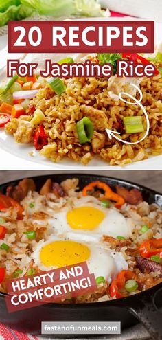 two pictures of rice with eggs and vegetables in them, one has an egg on top