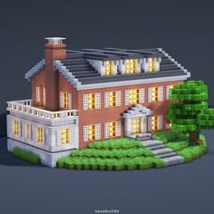 an image of a house that is made out of legos and has trees on the lawn