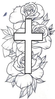 a cross with roses and leaves around it on a white background, in the shape of a tattoo