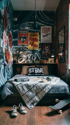 a skateboard is laying on the floor in front of a bed with graffiti all over it