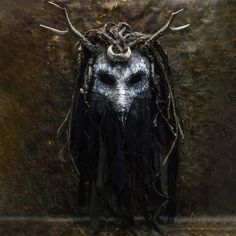 an animal with long hair and horns on it's head is shown in front of a dark background