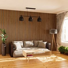 a living room with wood flooring and striped wallpaper