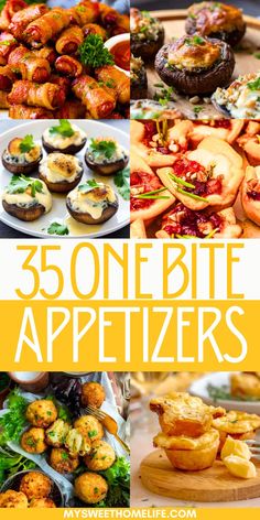 a collage of different appetizers with the words 350 one bite appetizers