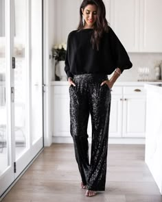 Black Sequin Flare Pants Outfit, Sparkling Pants Outfit, How To Wear Sequin Pants, Holiday Pants Outfits, Black Sparkle Pants Outfit, Black Sequin Pants Outfit Holiday, Company Holiday Party Outfit Casual, Sequined Pants Outfit, Dress Pants Outfits For Party