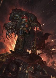 a warhammer standing on top of a pile of rubble in front of a fire