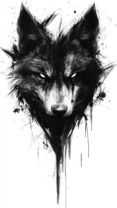 a black and white drawing of a wolf's face with paint splatters on it