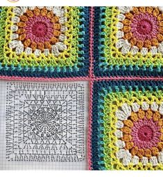 four square crocheted squares are shown in different colors and sizes, with the same pattern