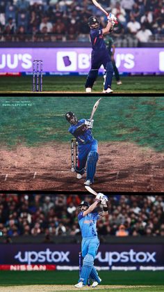 three different shots of the same player in a cricket game, one is hitting the ball