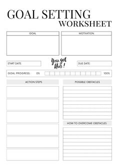 the goal setting worksheet is shown in black and white, with an arrow pointing to