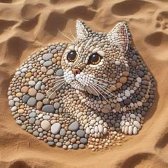 a cat made out of rocks sitting on top of the sand with it's eyes wide open