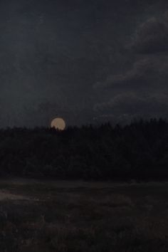 a painting of the moon setting over a field with trees in the foreground and dark clouds in the background