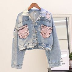 New Hole Jeans Jacket Women's Short Coat Sequin Spliced Autumn Female Jacket Loosen Women's Denim Jacket Plus Size Clothing Sequin Denim Jacket, Short Coats Women, Moda Denim, Distressed Jean Jacket, Moda Jeans, Spring Shorts, Jean Jacket Women, Denim Diy