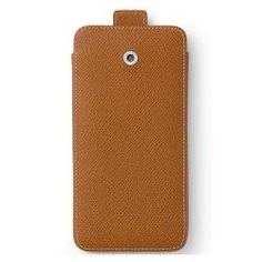 a brown leather case with a button on the front and back side for an iphone