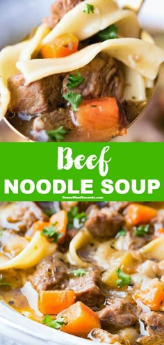 beef noodle soup with carrots and noodles in a white bowl