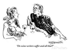 a man and woman sitting at a table talking to each other with wine glasses in front of them