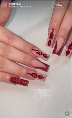 Cute Short Square Nails Red, Ref Acrylic Nails, Burgundy Nail Ideas Acrylic Prom, Red Bougie Nails, Red And Gold Nails Medium, Red Nail For Prom, Red And Gold Prom Nails Acrylic, Red Nails Mid Length, Red And Gold Nails Acrylic Coffin Prom