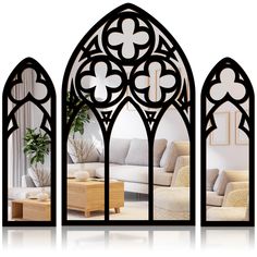 an arched window with four different designs on the front and back sides, each depicting a living room