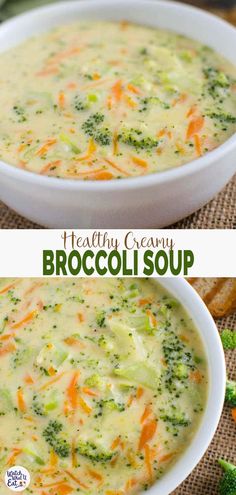 broccoli soup in a white bowl with carrots and bread on the side