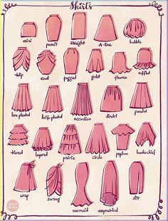 an old fashion diagram showing the different types of skirts and dresses worn by women in pink