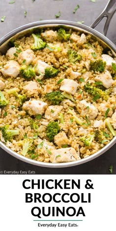 chicken and broccoli quinoa in a skillet with text overlay