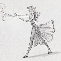 a drawing of a woman in a long dress holding a wand with her right hand