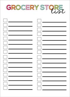 the grocery store checklist is shown in black and white, with colorful writing on it