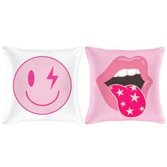 two pillows with different designs on them, one is pink and the other is white