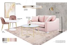 a living room with pink furniture and accessories