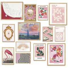 many different cards are arranged on a white surface with pink and gold trimmings